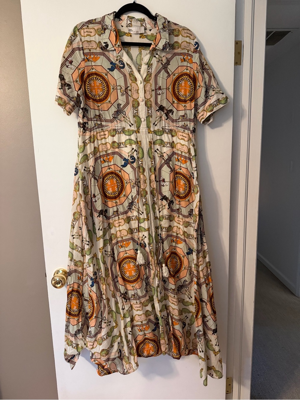 Tory Burch Scarf Print Cotton Shirt Dress Midi Tassel Tie Size Large - Picture 3 of 4